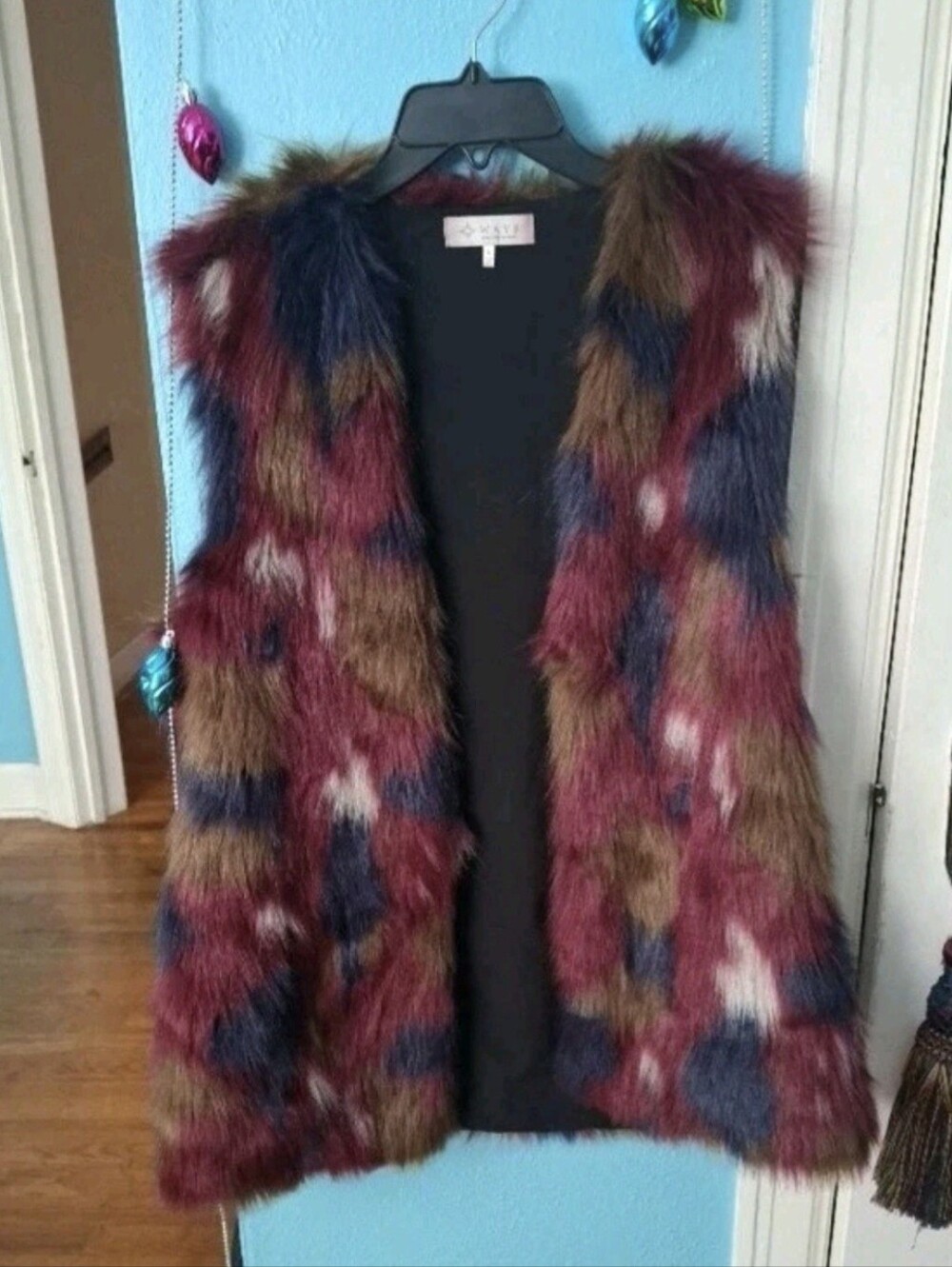 WAYF WHERE ARE YOU FROM PATCHWORK WATER COLOR FAUX FUR OPEN LONG VEST WOMENS L